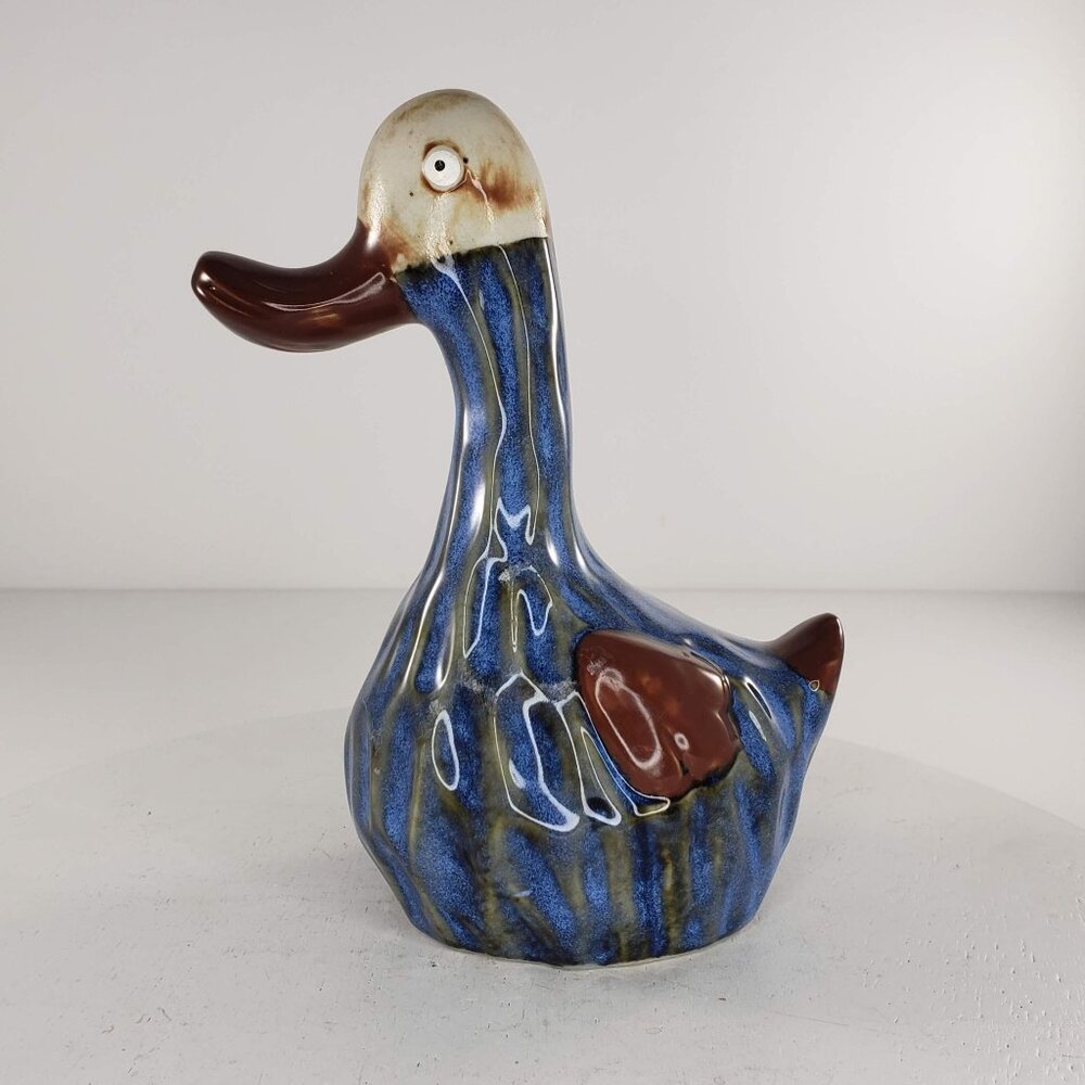 Burnished Blue Glaze Duck Goose Bird Art Pottery Figurine